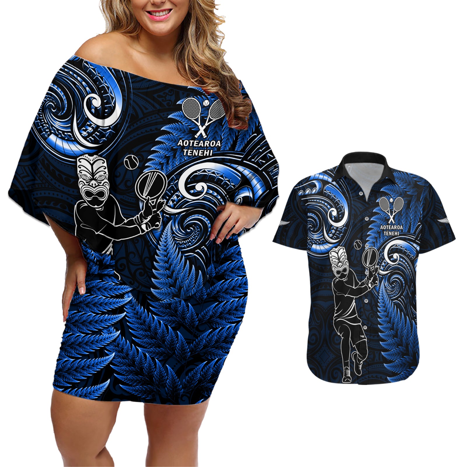 Custom New Zealand Tiki Tennis Couples Matching Off Shoulder Short Dress and Hawaiian Shirt 2024 Aotearoa Tenehi Maori Silver Fern - Blue LT14 Blue - Polynesian Pride