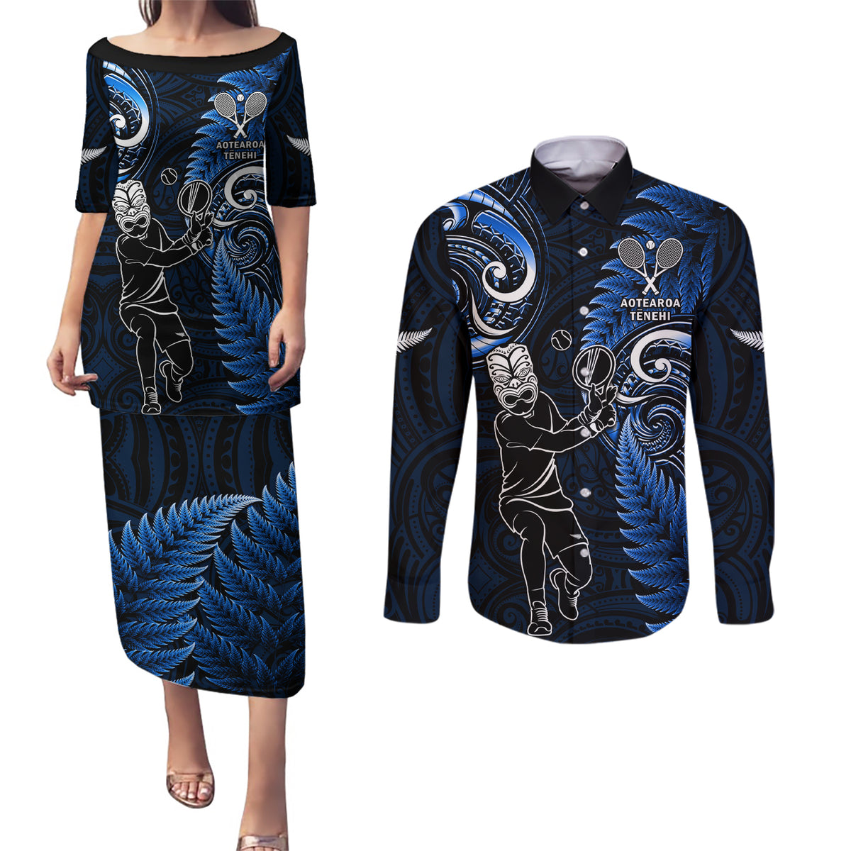 Custom New Zealand Tiki Tennis Couples Matching Puletasi and Long Sleeve Button Shirt 2024 Aotearoa Tenehi Maori Silver Fern - Blue LT14 Blue - Polynesian Pride