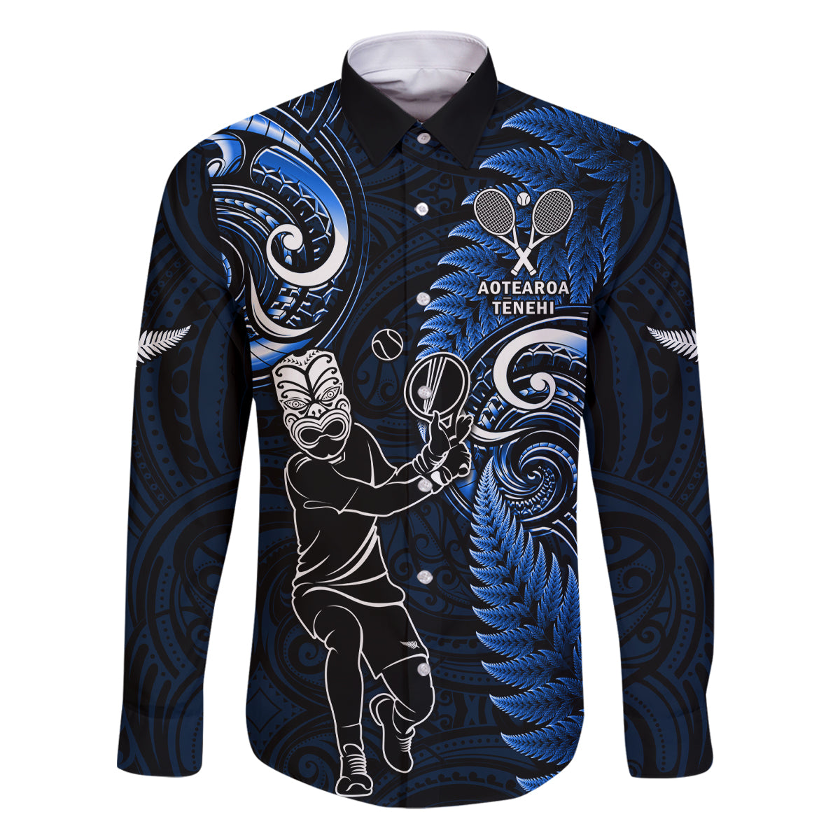 Custom New Zealand Tiki Tennis Family Matching Puletasi and Hawaiian Shirt 2024 Aotearoa Tenehi Maori Silver Fern - Blue LT14 Dad's Shirt - Long Sleeve Blue - Polynesian Pride