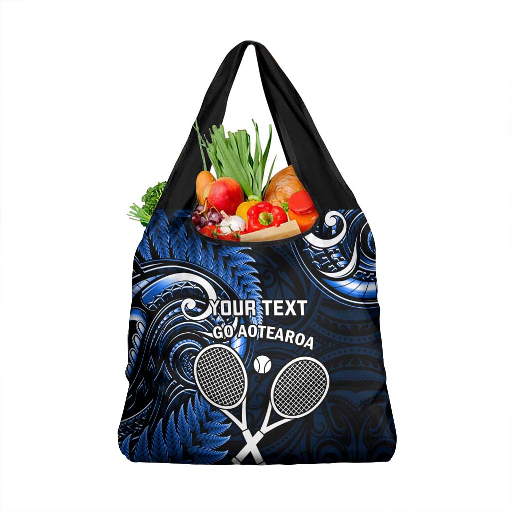 Custom New Zealand Tiki Tennis Grocery Bag Aotearoa Tenehi Maori Silver Fern - Blue