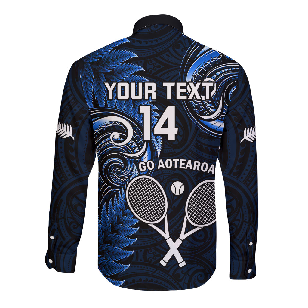 Custom New Zealand Tiki Tennis Long Sleeve Button Shirt 2024 Aotearoa Tenehi Maori Silver Fern - Blue LT14 - Polynesian Pride
