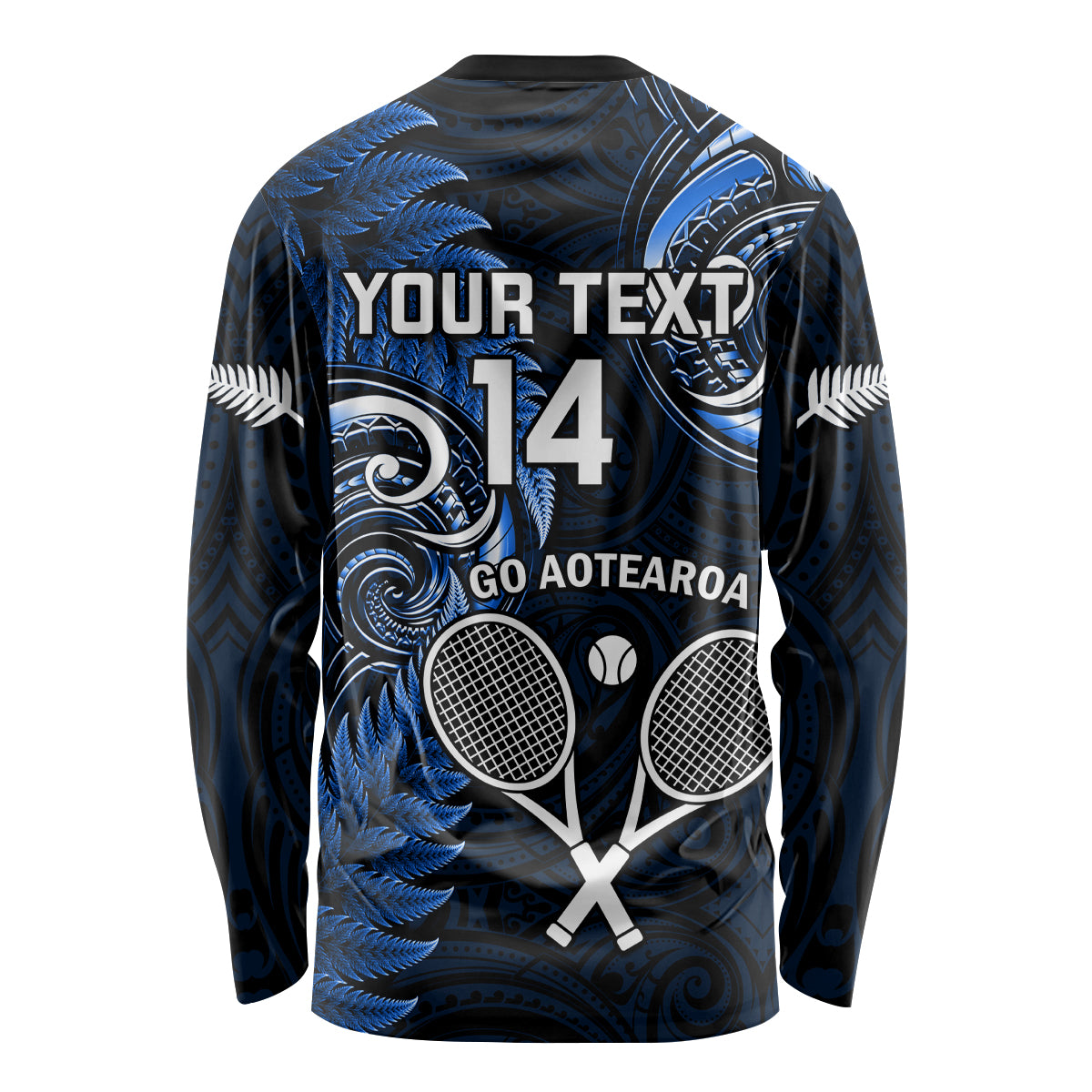 Custom New Zealand Tiki Tennis Long Sleeve Shirt 2024 Aotearoa Tenehi Maori Silver Fern - Blue LT14 - Polynesian Pride