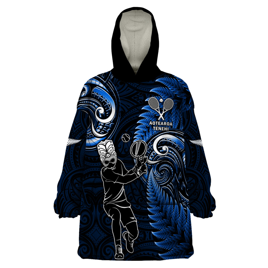 Custom New Zealand Tiki Tennis Wearable Blanket Hoodie 2024 Aotearoa Tenehi Maori Silver Fern - Blue LT14 One Size Blue - Polynesian Pride