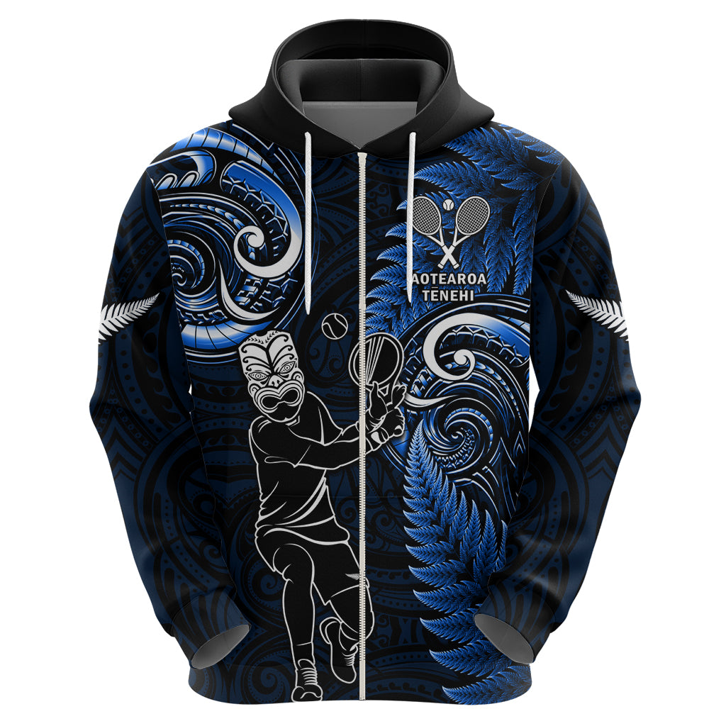 Custom New Zealand Tiki Tennis Zip Hoodie 2024 Aotearoa Tenehi Maori Silver Fern - Blue LT14 - Polynesian Pride