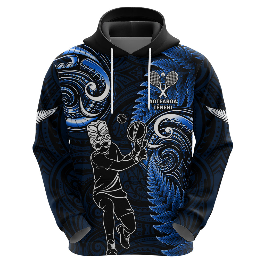 Custom New Zealand Tiki Tennis Zip Hoodie 2024 Aotearoa Tenehi Maori Silver Fern - Blue LT14 - Polynesian Pride
