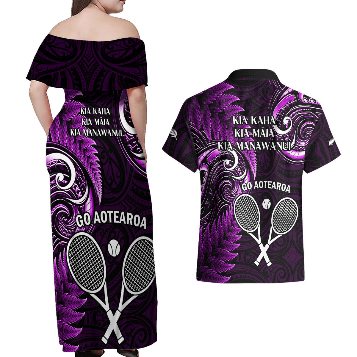 New Zealand Tiki Tennis Couples Matching Off Shoulder Maxi Dress and Hawaiian Shirt 2024 Aotearoa Tenehi Maori Silver Fern - Purple LT14 - Polynesian Pride