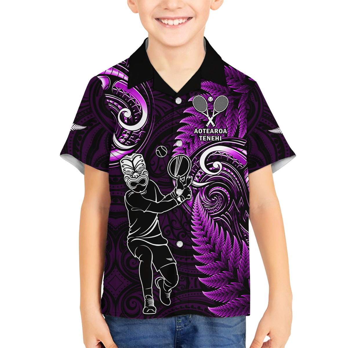 New Zealand Tiki Tennis Family Matching Off Shoulder Long Sleeve Dress and Hawaiian Shirt 2024 Aotearoa Tenehi Maori Silver Fern - Purple LT14 Son's Shirt Purple - Polynesian Pride