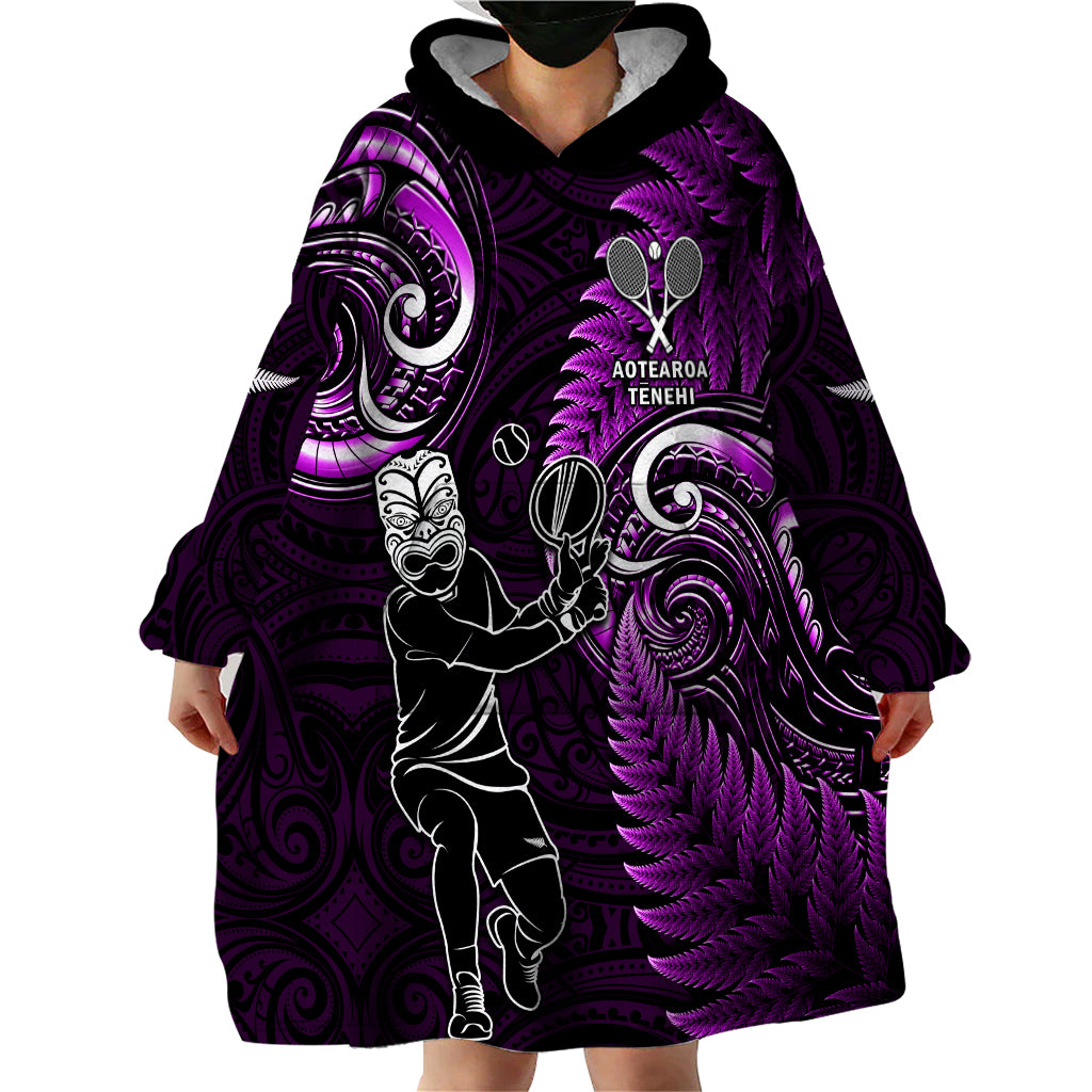 New Zealand Tiki Tennis Wearable Blanket Hoodie 2024 Aotearoa Tenehi Maori Silver Fern - Purple LT14 - Polynesian Pride