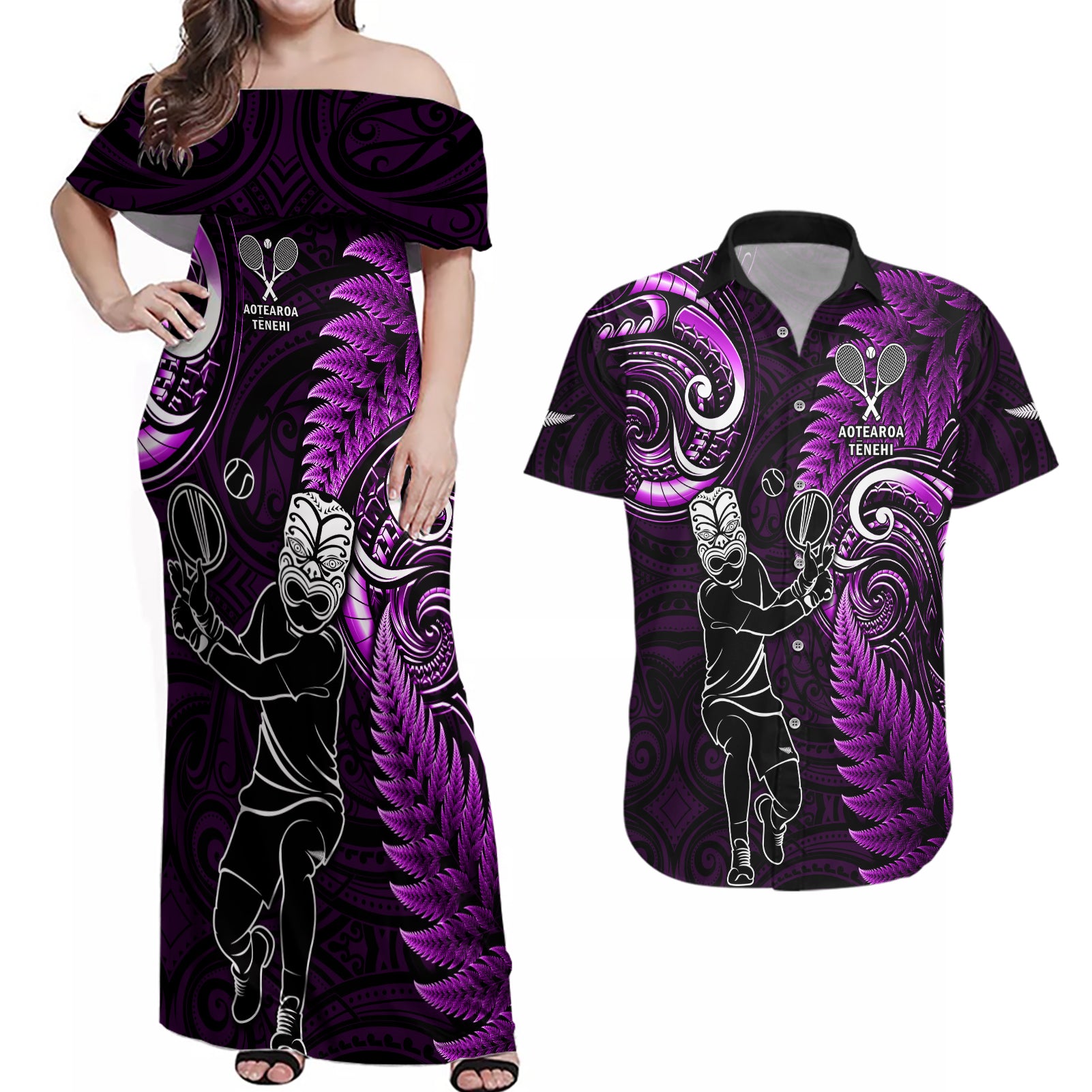 Custom New Zealand Tiki Tennis Couples Matching Off Shoulder Maxi Dress and Hawaiian Shirt 2024 Aotearoa Tenehi Maori Silver Fern - Purple LT14 Purple - Polynesian Pride