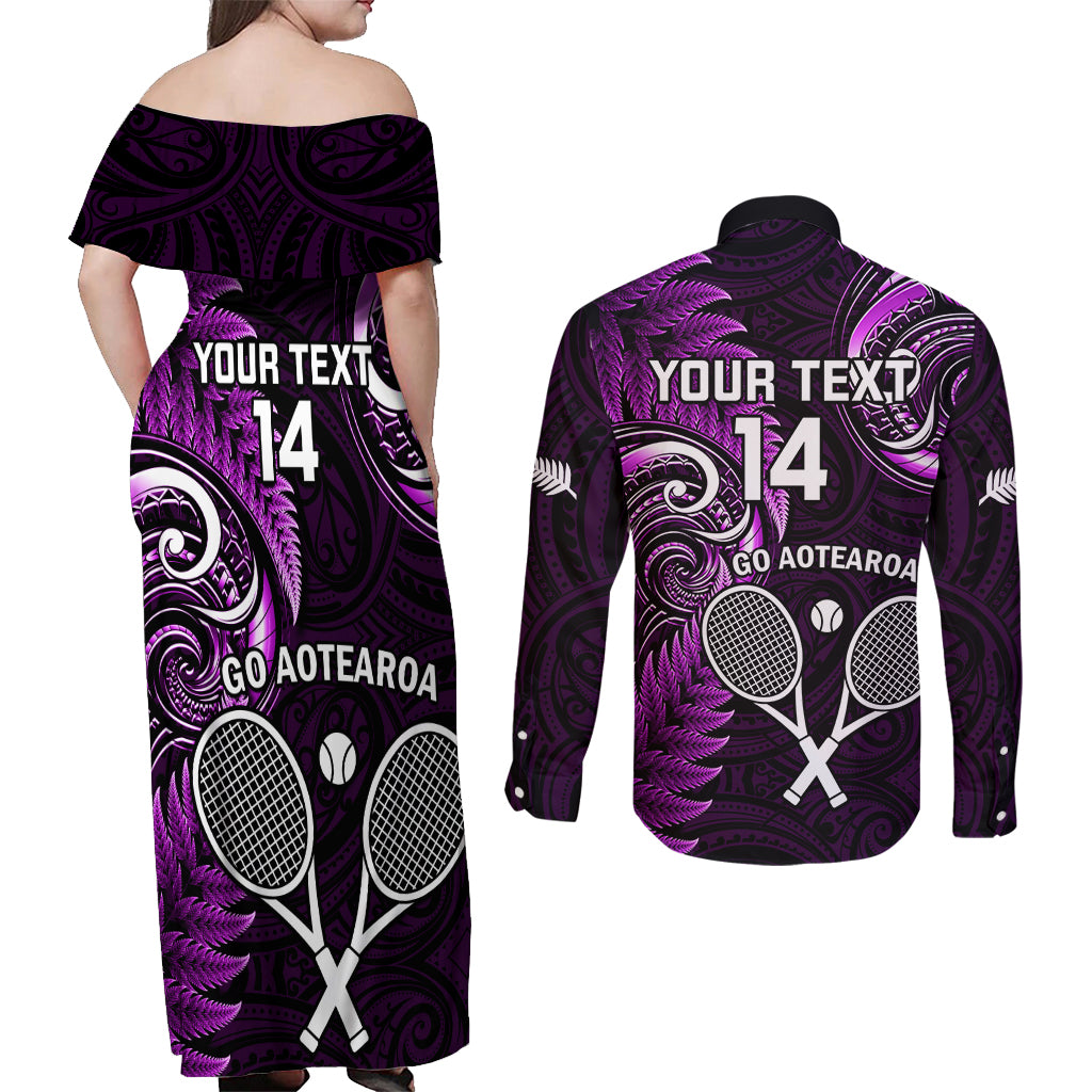 Custom New Zealand Tiki Tennis Couples Matching Off Shoulder Maxi Dress and Long Sleeve Button Shirt 2024 Aotearoa Tenehi Maori Silver Fern - Purple LT14 - Polynesian Pride