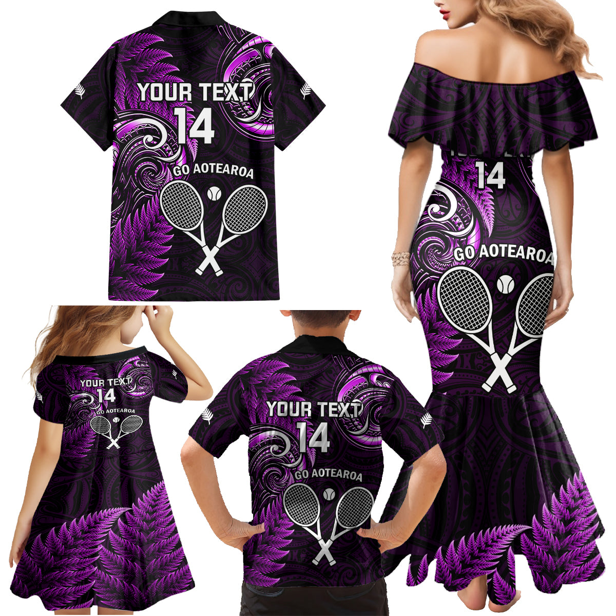 Custom New Zealand Tiki Tennis Family Matching Mermaid Dress and Hawaiian Shirt 2024 Aotearoa Tenehi Maori Silver Fern - Purple LT14 - Polynesian Pride