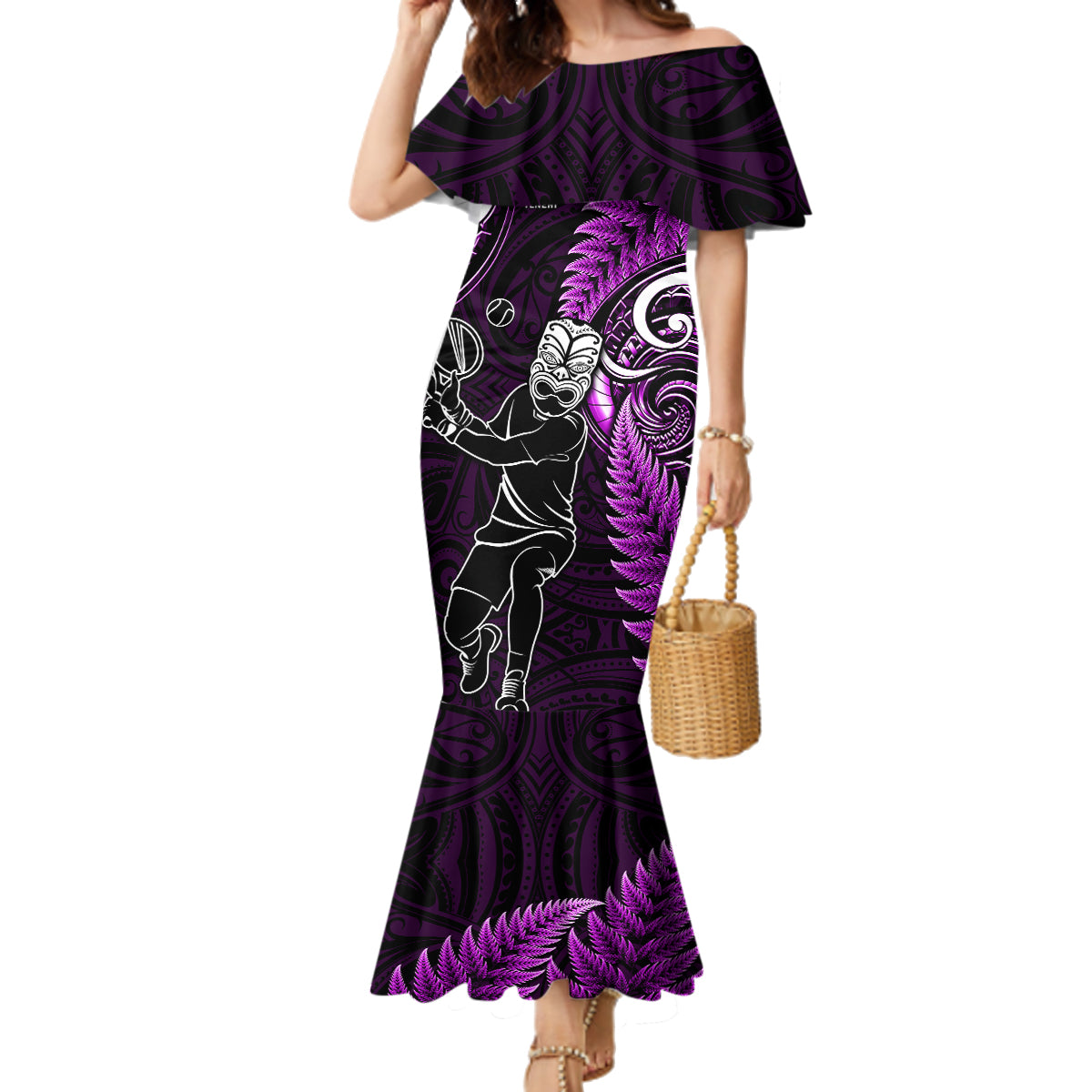 Custom New Zealand Tiki Tennis Family Matching Mermaid Dress and Hawaiian Shirt 2024 Aotearoa Tenehi Maori Silver Fern - Purple LT14 Mom's Dress Purple - Polynesian Pride
