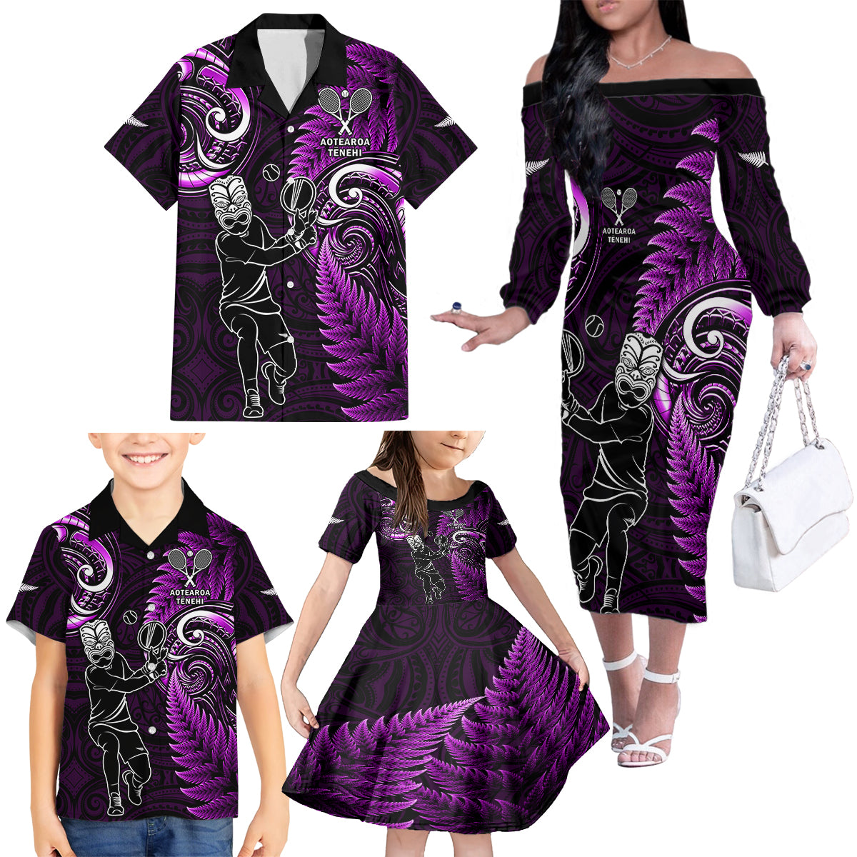 Custom New Zealand Tiki Tennis Family Matching Off Shoulder Long Sleeve Dress and Hawaiian Shirt 2024 Aotearoa Tenehi Maori Silver Fern - Purple LT14 - Polynesian Pride