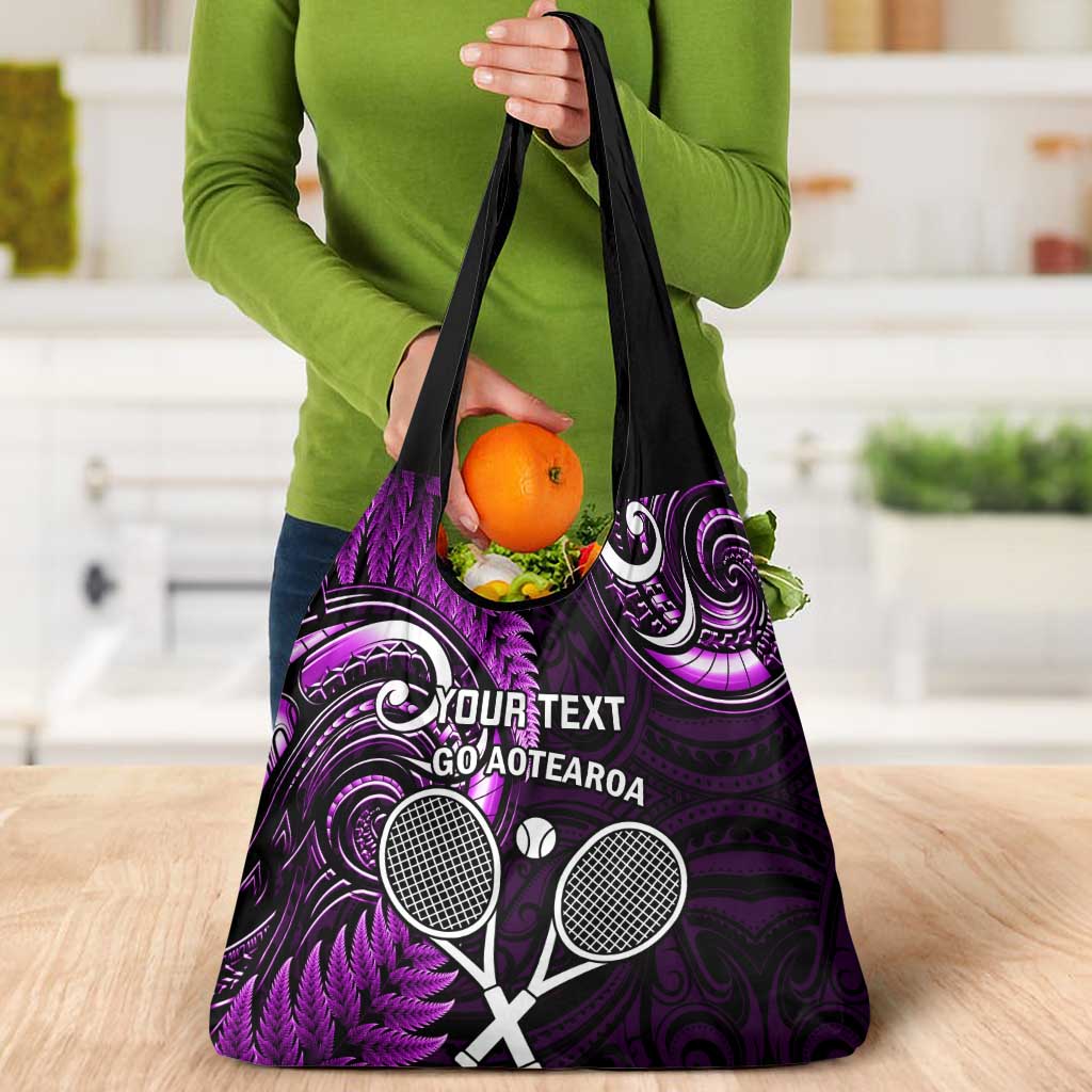 Custom New Zealand Tiki Tennis Grocery Bag Aotearoa Tenehi Maori Silver Fern - Purple LT14 - Polynesian Pride