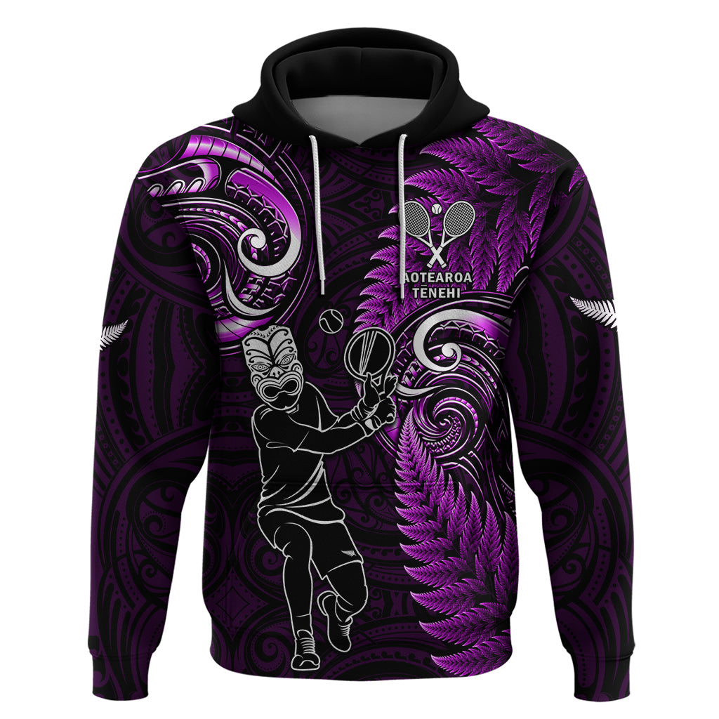 Custom New Zealand Tiki Tennis Hoodie 2024 Aotearoa Tenehi Maori Silver Fern - Purple LT14 Pullover Hoodie Purple - Polynesian Pride