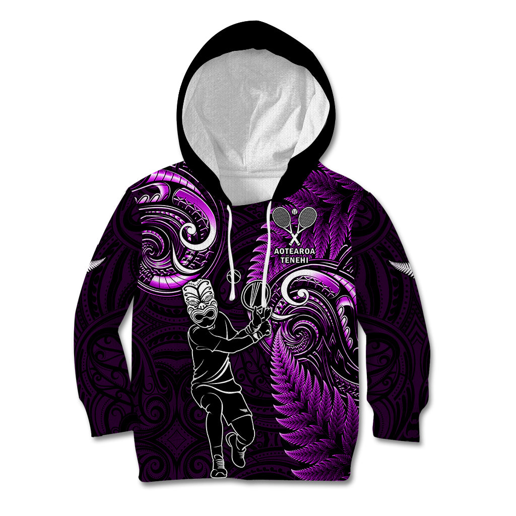 Custom New Zealand Tiki Tennis Kid Hoodie 2024 Aotearoa Tenehi Maori Silver Fern - Purple LT14 Hoodie Purple - Polynesian Pride