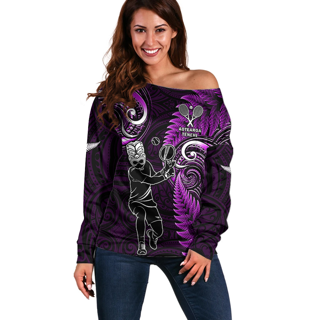 Custom New Zealand Tiki Tennis Off Shoulder Sweater 2024 Aotearoa Tenehi Maori Silver Fern - Purple LT14 Women Purple - Polynesian Pride