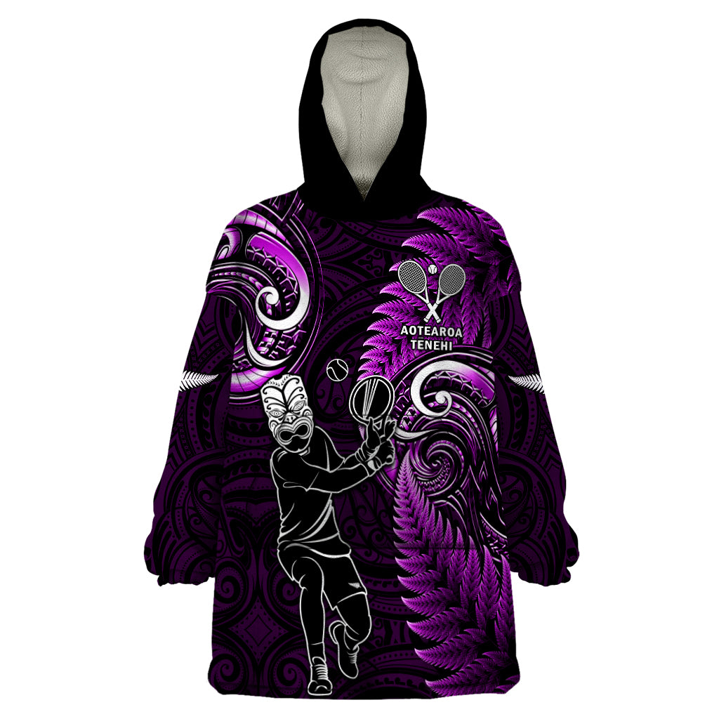 Custom New Zealand Tiki Tennis Wearable Blanket Hoodie 2024 Aotearoa Tenehi Maori Silver Fern - Purple LT14 One Size Purple - Polynesian Pride