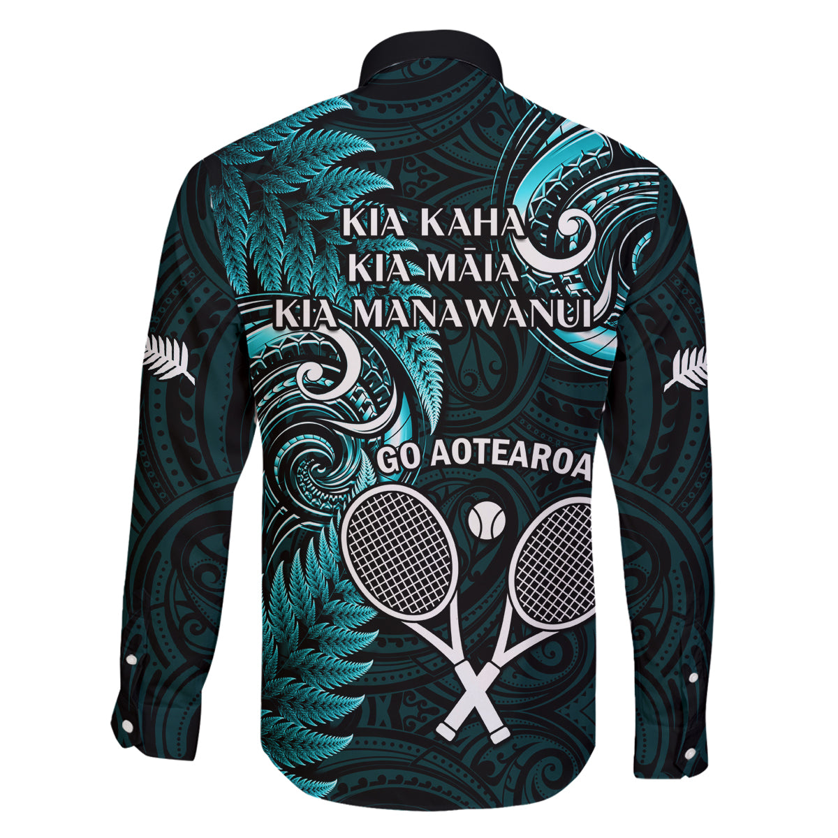 New Zealand Tiki Tennis Family Matching Off Shoulder Long Sleeve Dress and Hawaiian Shirt 2024 Aotearoa Tenehi Maori Silver Fern - Turquoise LT14 - Polynesian Pride