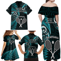New Zealand Tiki Tennis Family Matching Off Shoulder Maxi Dress and Hawaiian Shirt 2024 Aotearoa Tenehi Maori Silver Fern - Turquoise LT14 - Polynesian Pride
