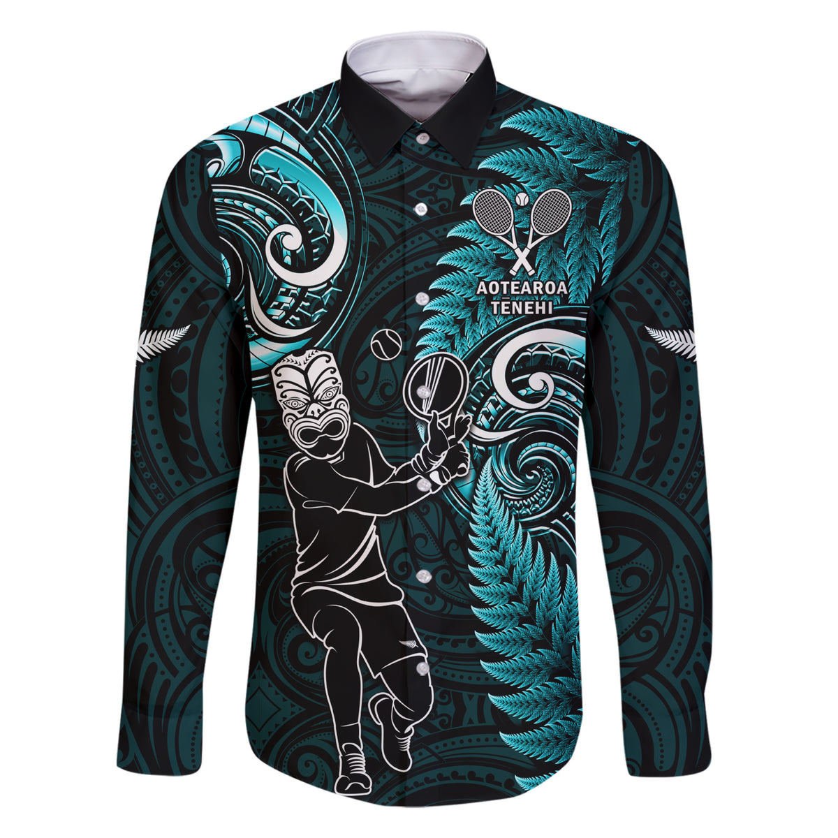 New Zealand Tiki Tennis Family Matching Short Sleeve Bodycon Dress and Hawaiian Shirt 2024 Aotearoa Tenehi Maori Silver Fern - Turquoise LT14 Dad's Shirt - Long Sleeve Turquoise - Polynesian Pride