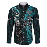 New Zealand Tiki Tennis Family Matching Tank Maxi Dress and Hawaiian Shirt 2024 Aotearoa Tenehi Maori Silver Fern - Turquoise LT14 Dad's Shirt - Long Sleeve Turquoise - Polynesian Pride