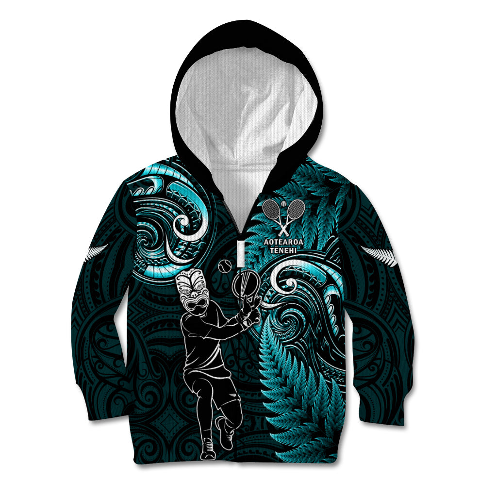 New Zealand Tiki Tennis Kid Hoodie 2024 Aotearoa Tenehi Maori Silver Fern - Turquoise LT14 Zip Hoodie Turquoise - Polynesian Pride