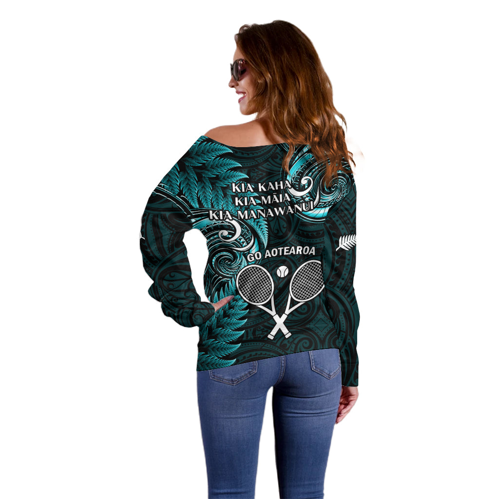 New Zealand Tiki Tennis Off Shoulder Sweater 2024 Aotearoa Tenehi Maori Silver Fern - Turquoise LT14 - Polynesian Pride