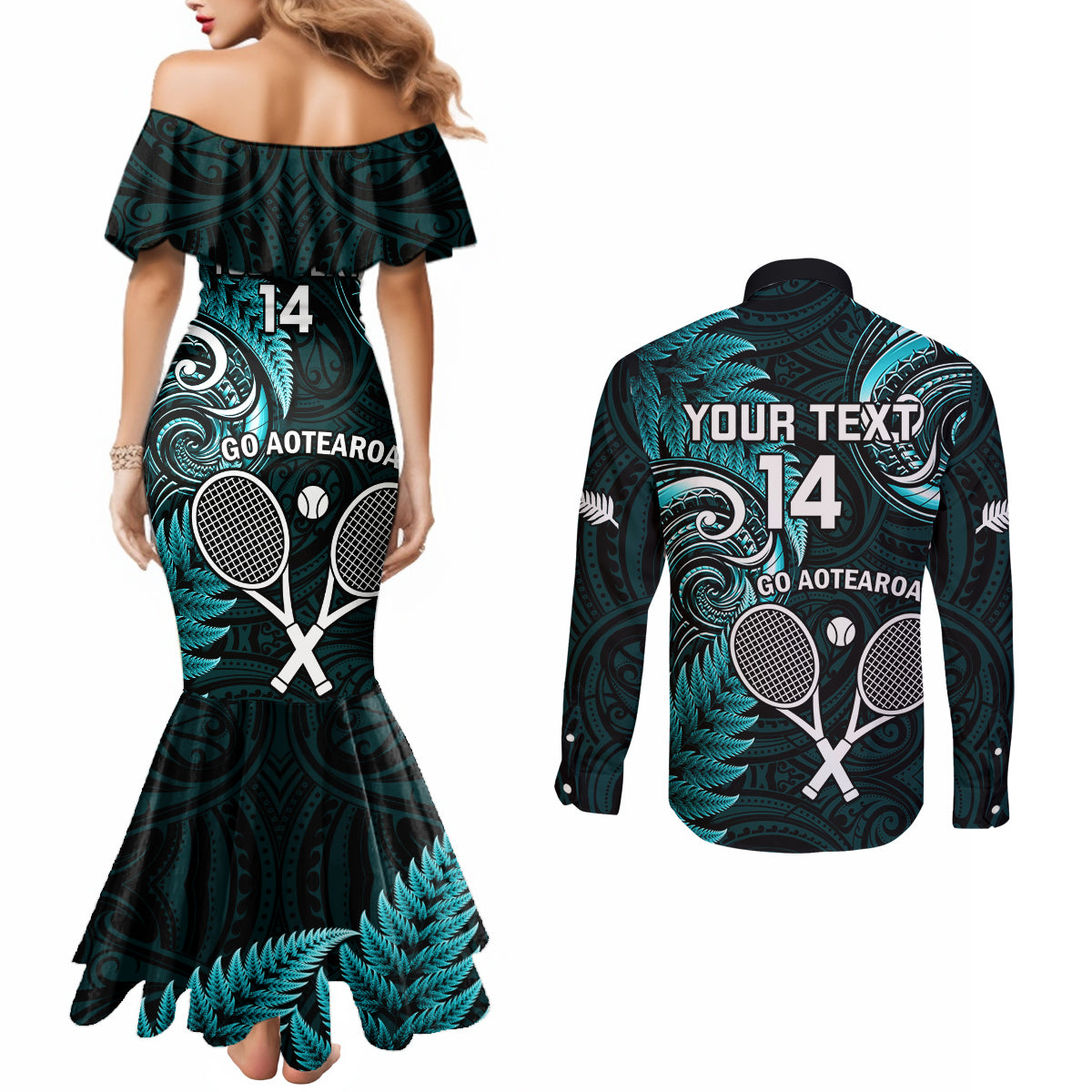 Custom New Zealand Tiki Tennis Couples Matching Mermaid Dress and Long Sleeve Button Shirt 2024 Aotearoa Tenehi Maori Silver Fern - Turquoise LT14 - Polynesian Pride