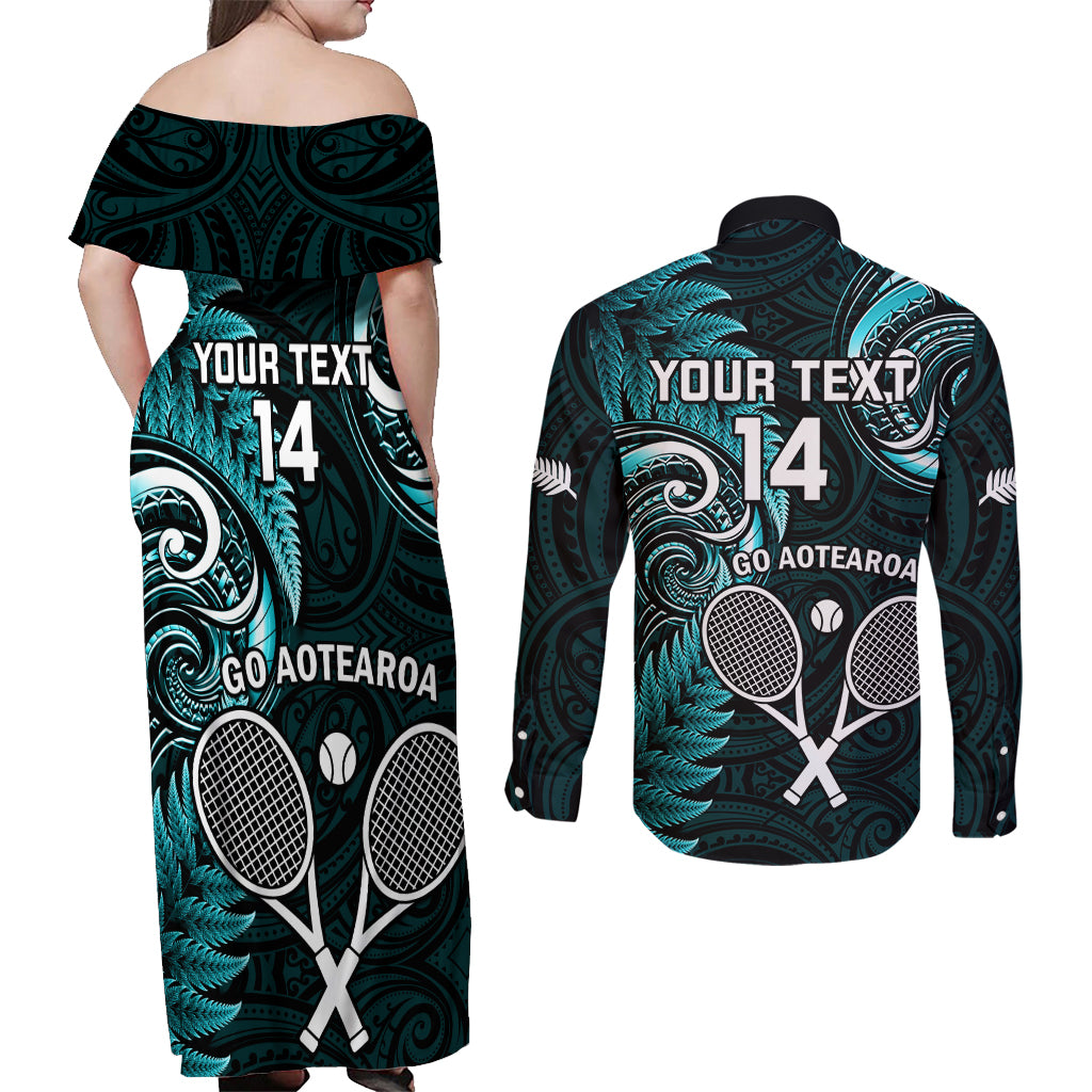 Custom New Zealand Tiki Tennis Couples Matching Off Shoulder Maxi Dress and Long Sleeve Button Shirt 2024 Aotearoa Tenehi Maori Silver Fern - Turquoise LT14 - Polynesian Pride