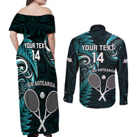 Custom New Zealand Tiki Tennis Couples Matching Off Shoulder Maxi Dress and Long Sleeve Button Shirt 2024 Aotearoa Tenehi Maori Silver Fern - Turquoise LT14 - Polynesian Pride