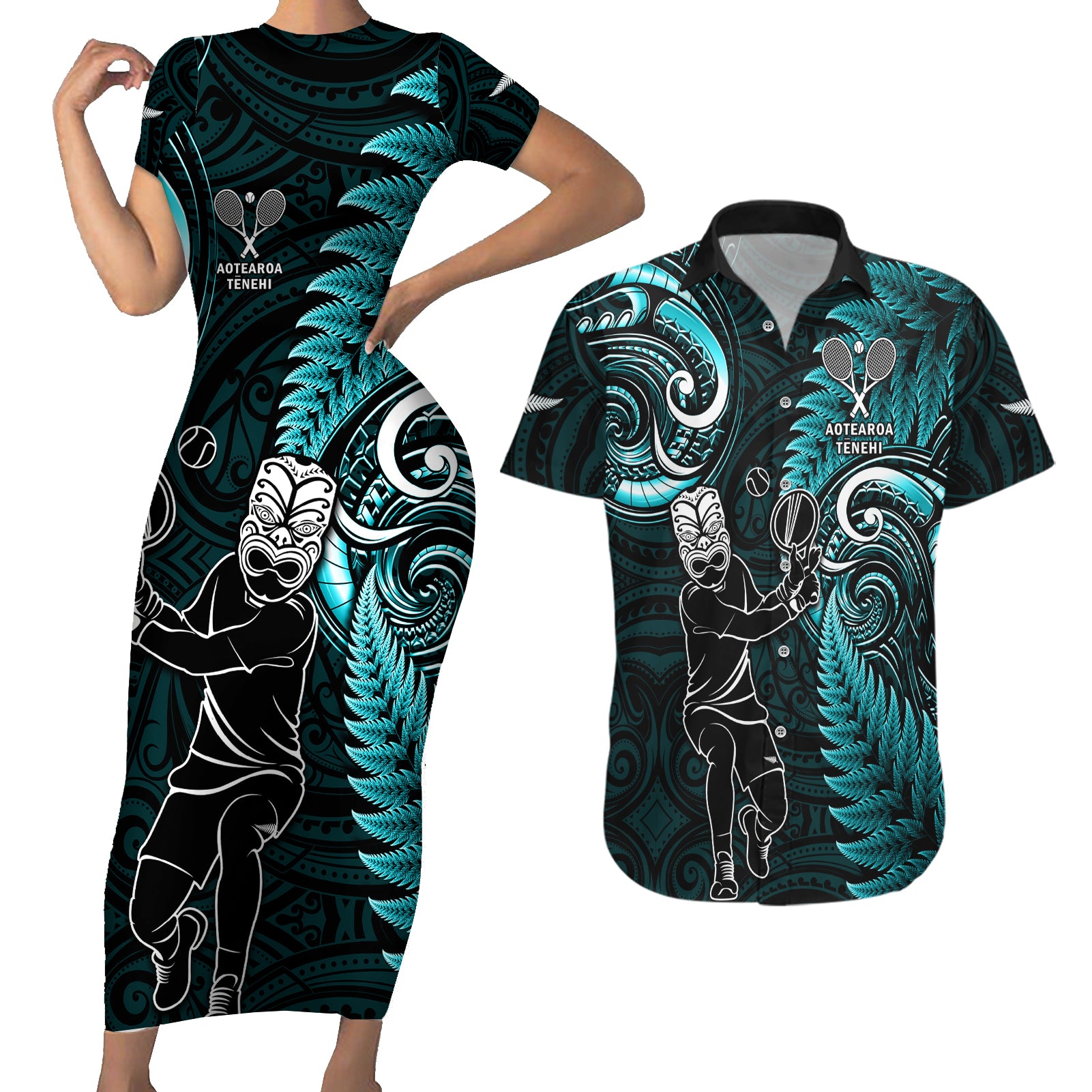 Custom New Zealand Tiki Tennis Couples Matching Short Sleeve Bodycon Dress and Hawaiian Shirt 2024 Aotearoa Tenehi Maori Silver Fern - Turquoise LT14 Turquoise - Polynesian Pride