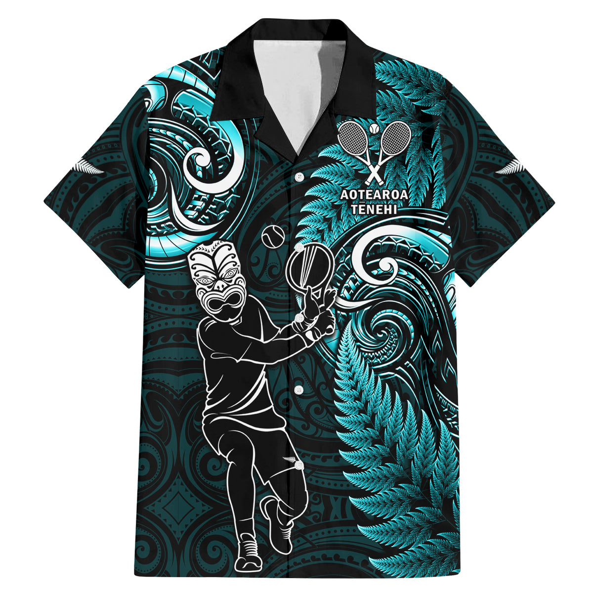 Custom New Zealand Tiki Tennis Family Matching Mermaid Dress and Hawaiian Shirt 2024 Aotearoa Tenehi Maori Silver Fern - Turquoise LT14 Dad's Shirt - Short Sleeve Turquoise - Polynesian Pride