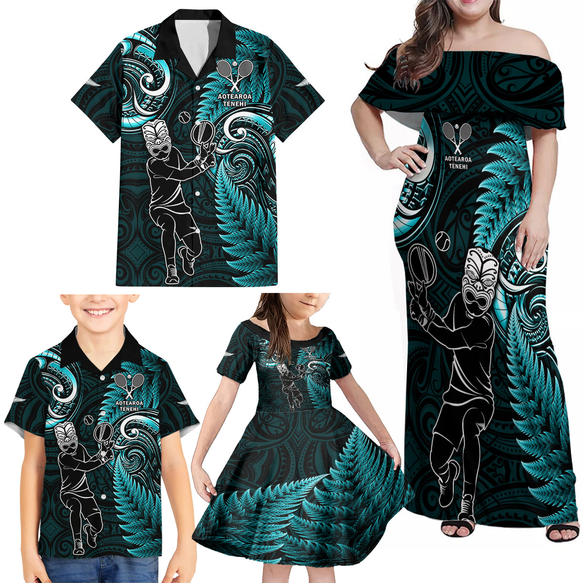 Custom New Zealand Tiki Tennis Family Matching Off Shoulder Maxi Dress and Hawaiian Shirt 2024 Aotearoa Tenehi Maori Silver Fern - Turquoise LT14 - Polynesian Pride