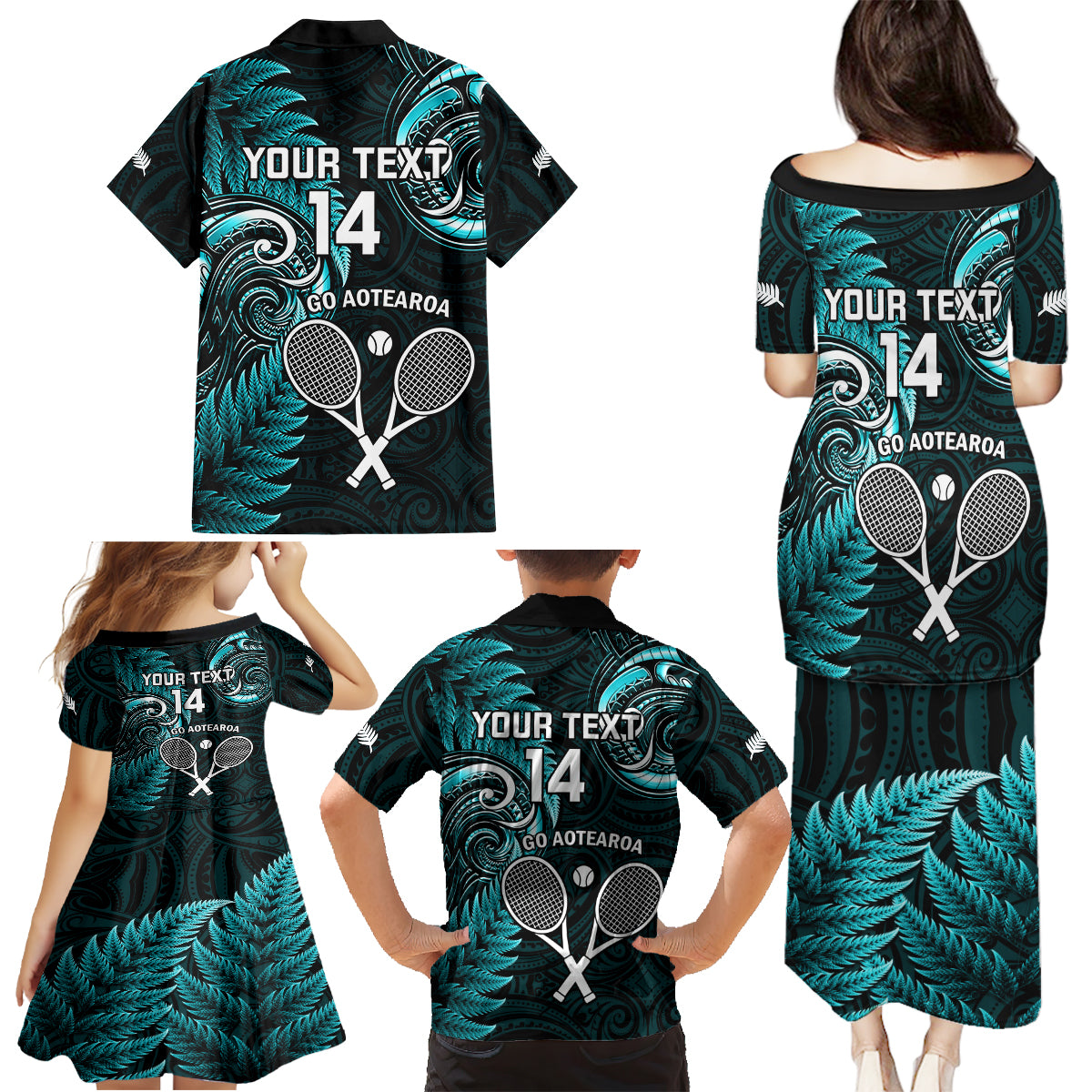 Custom New Zealand Tiki Tennis Family Matching Puletasi and Hawaiian Shirt 2024 Aotearoa Tenehi Maori Silver Fern - Turquoise LT14 - Polynesian Pride