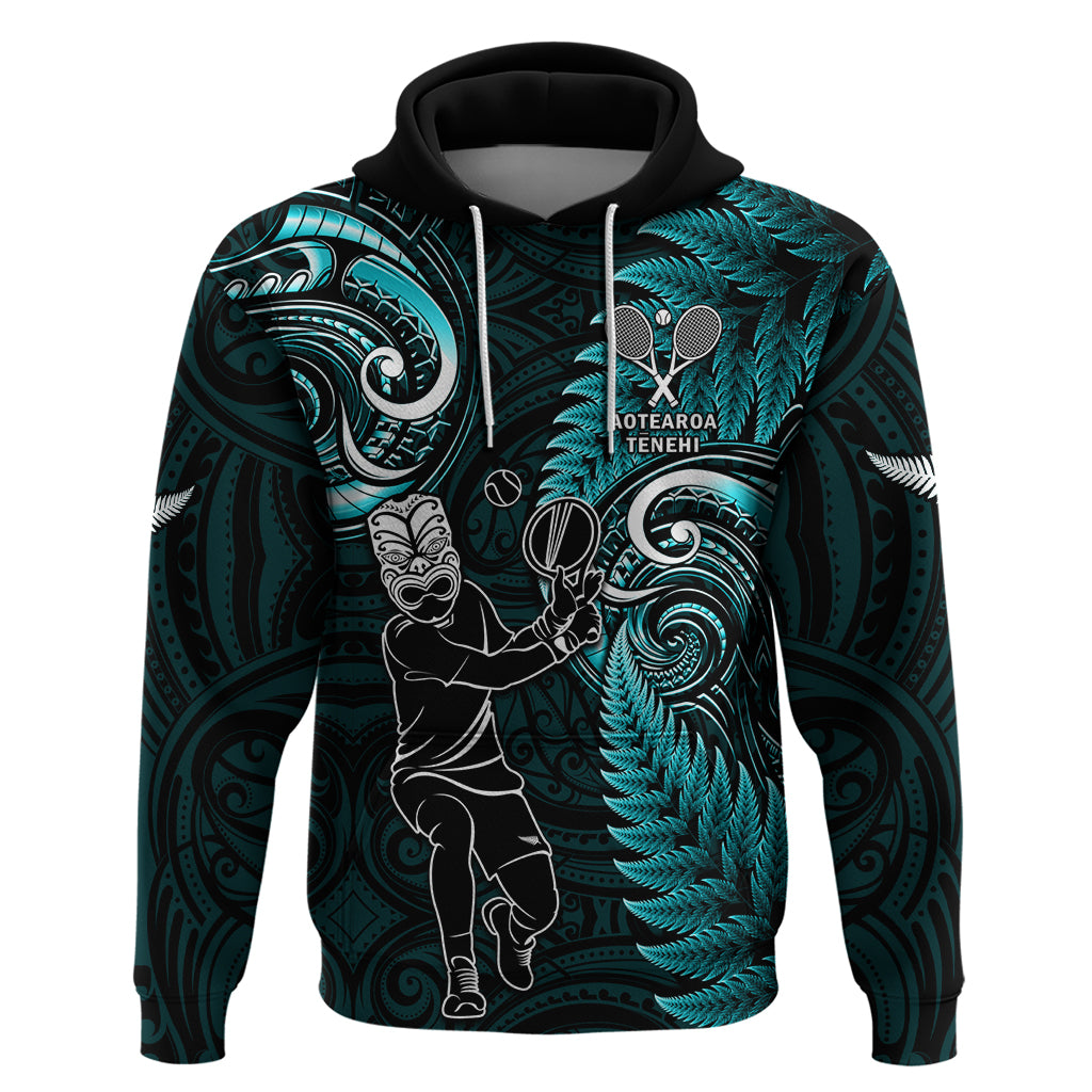 Custom New Zealand Tiki Tennis Hoodie 2024 Aotearoa Tenehi Maori Silver Fern - Turquoise LT14 Pullover Hoodie Turquoise - Polynesian Pride