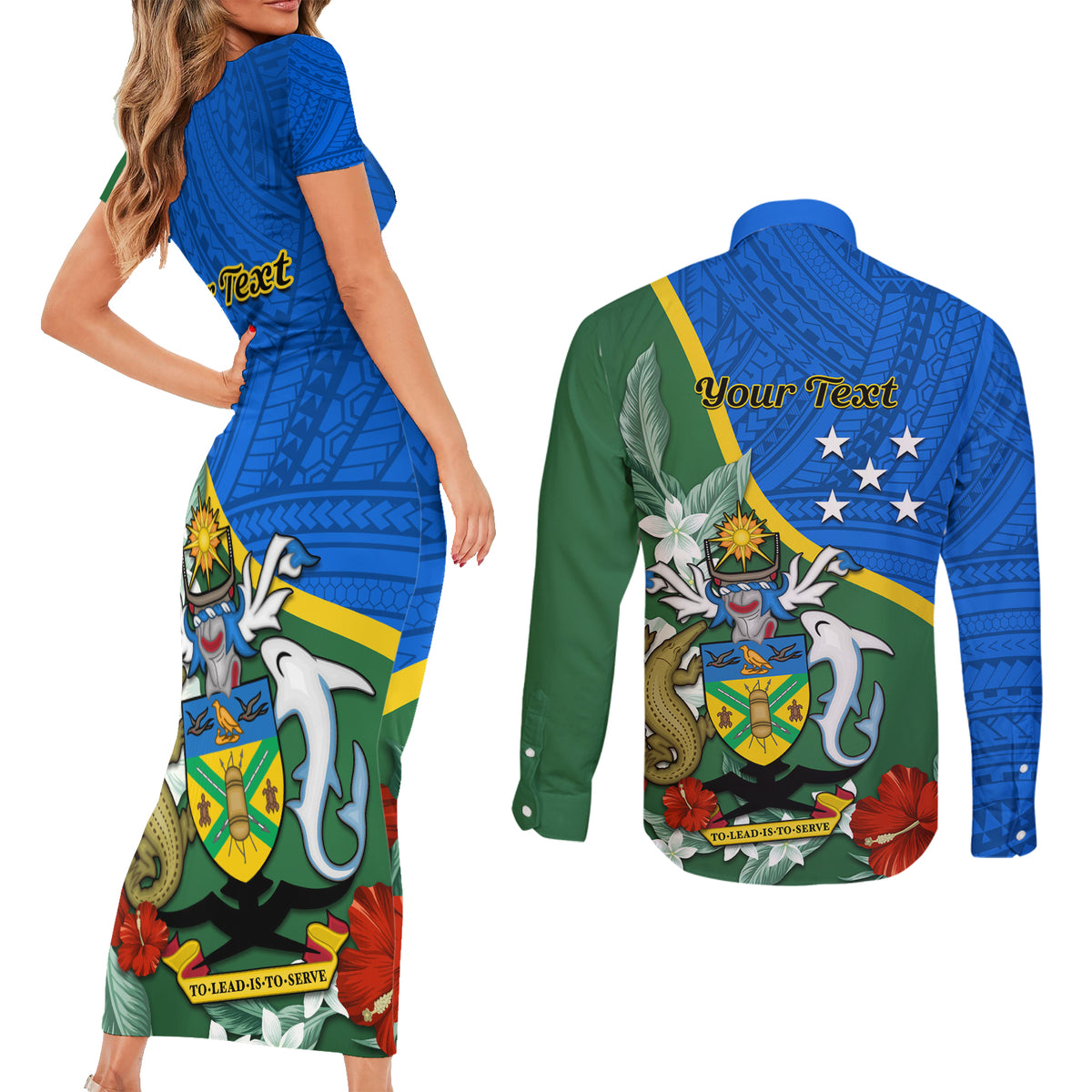 Personalised Halo Olaketa Solomon Islands Couples Matching Short Sleeve Bodycon Dress and Long Sleeve Button Shirt Coat Of Arms With Tropical Flowers Flag Style LT14 - Polynesian Pride