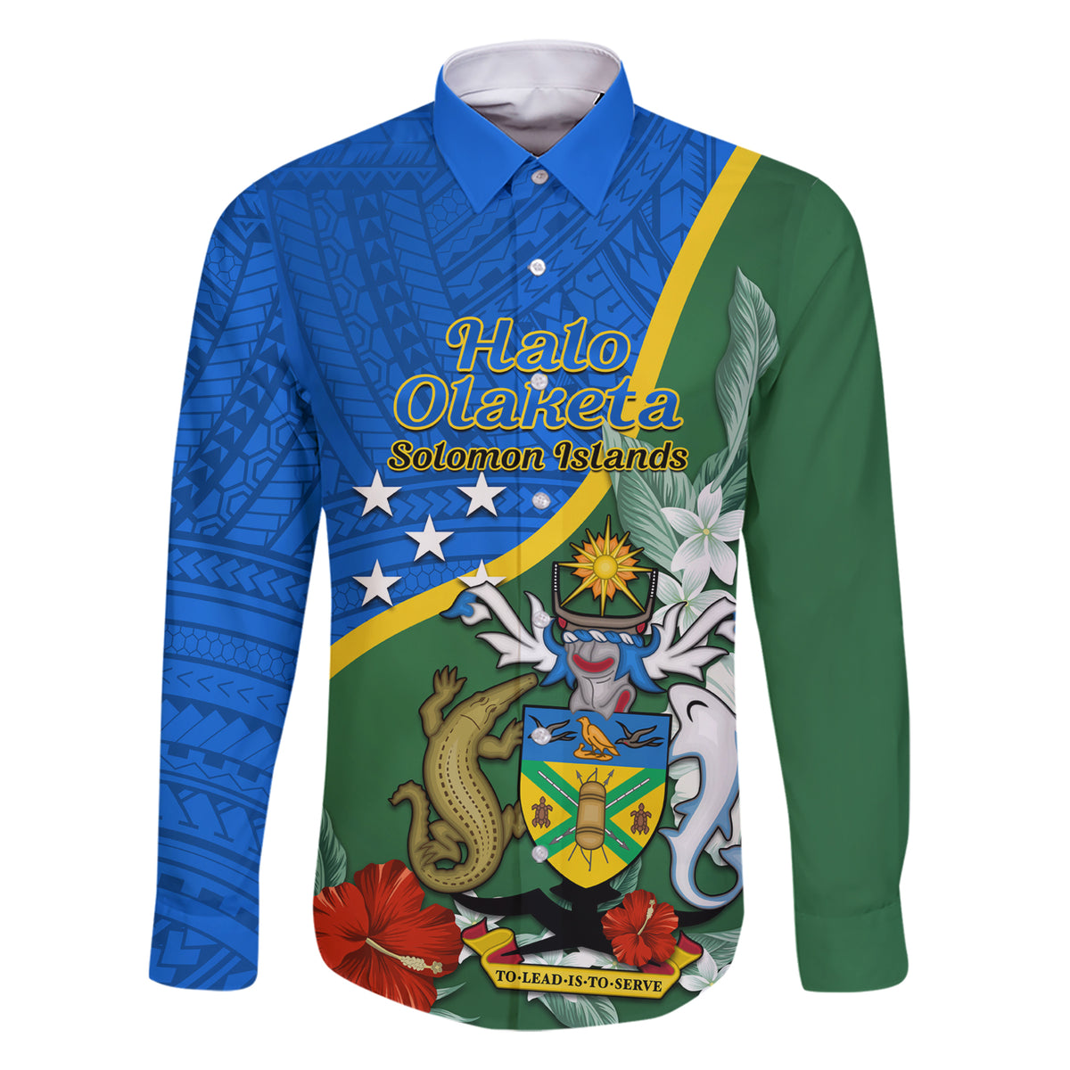 Personalised Halo Olaketa Solomon Islands Family Matching Short Sleeve Bodycon Dress and Hawaiian Shirt Coat Of Arms With Tropical Flowers Flag Style LT14 Dad's Shirt - Long Sleeve Green - Polynesian Pride