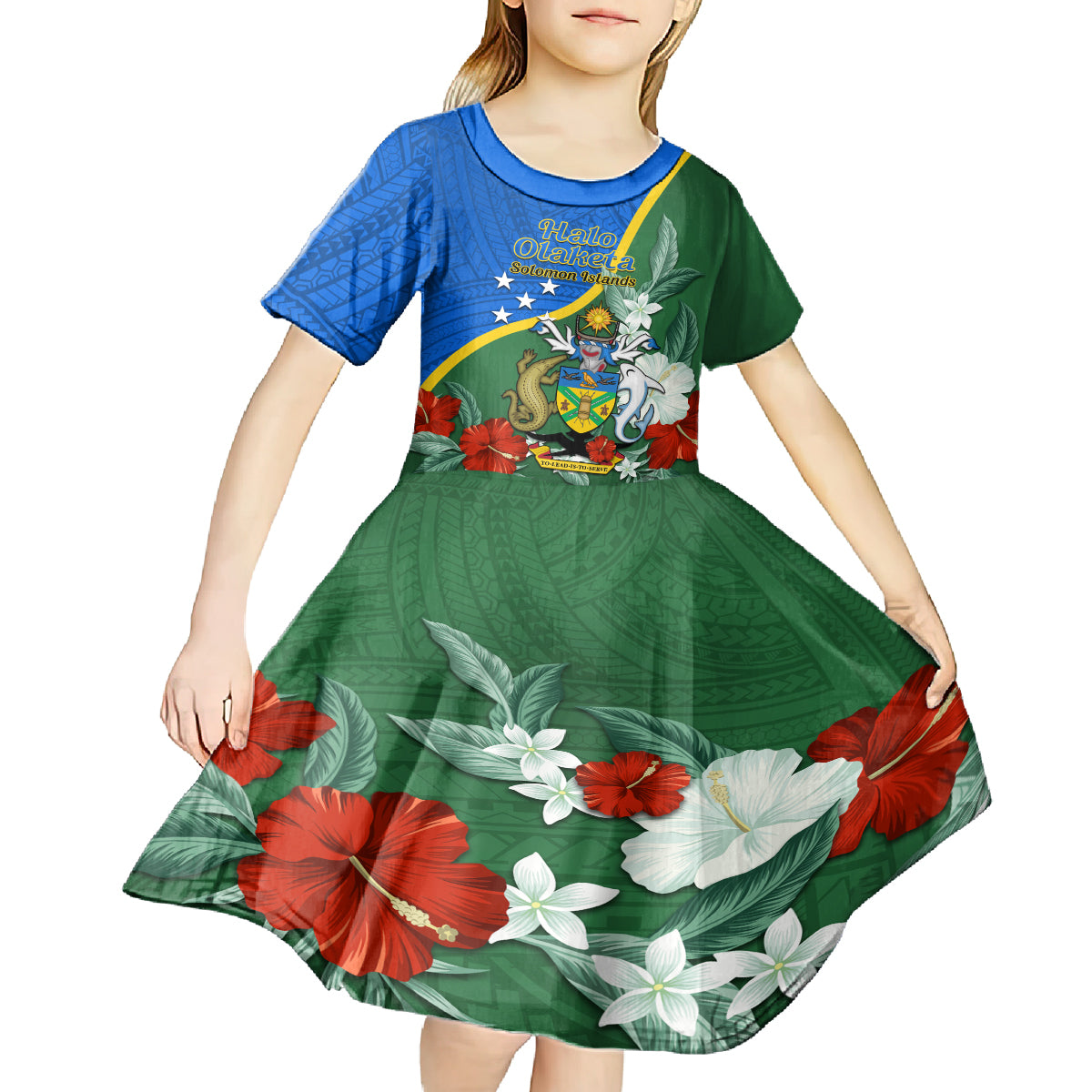 Personalised Halo Olaketa Solomon Islands Kid Short Sleeve Dress Coat Of Arms With Tropical Flowers Flag Style LT14 - Polynesian Pride