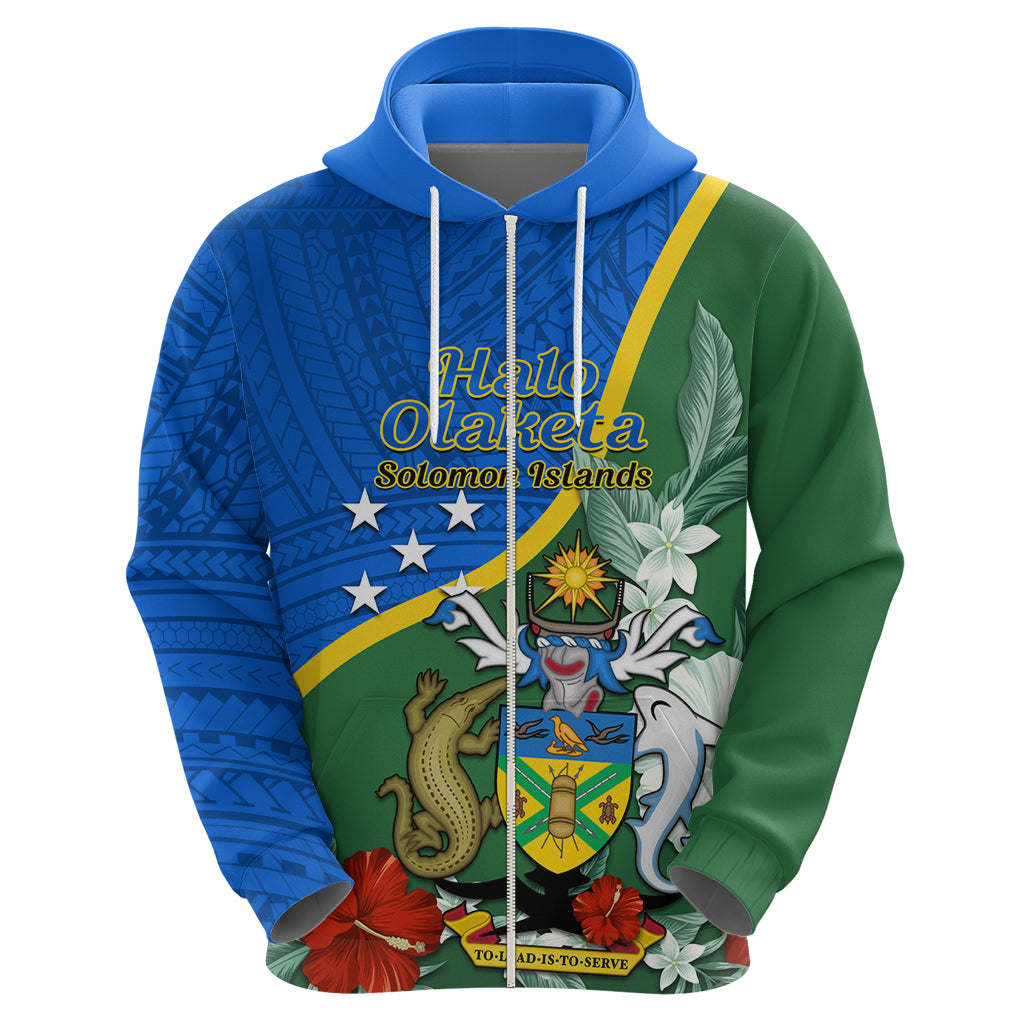 Personalised Halo Olaketa Solomon Islands Zip Hoodie Coat Of Arms With Tropical Flowers Flag Style LT14 - Polynesian Pride