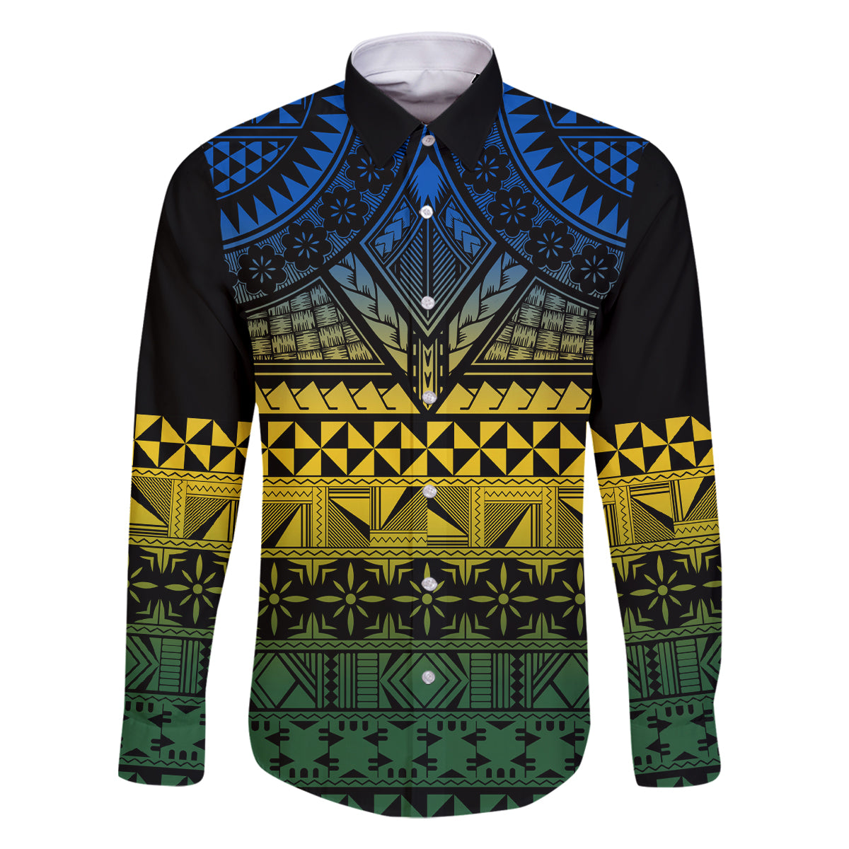Halo Olaketa Solomon Islands Family Matching Off Shoulder Long Sleeve Dress and Hawaiian Shirt Melanesian Tribal Pattern Gradient Version LT14 Dad's Shirt - Long Sleeve Black - Polynesian Pride