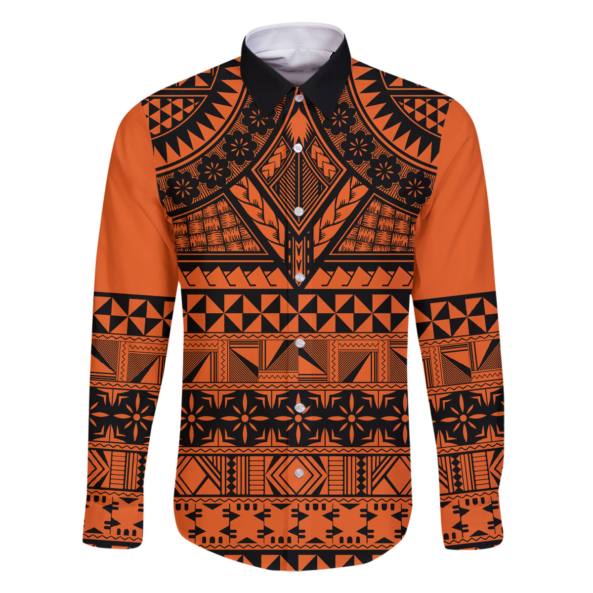 Halo Olaketa Solomon Islands Family Matching Off Shoulder Maxi Dress and Hawaiian Shirt Melanesian Tribal Pattern Orange Version LT14 Dad's Shirt - Long Sleeve Orange - Polynesian Pride