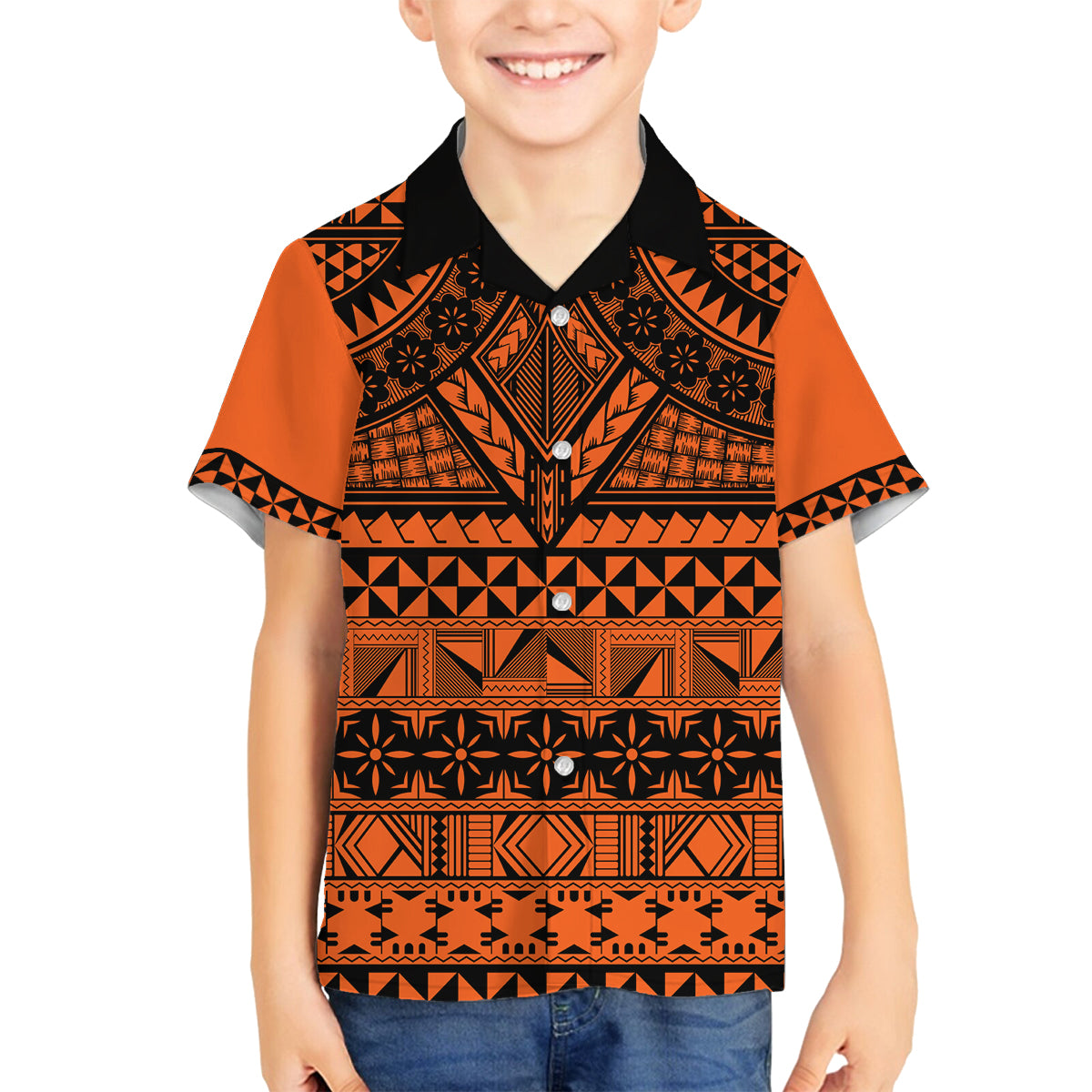 Halo Olaketa Solomon Islands Family Matching Tank Maxi Dress and Hawaiian Shirt Melanesian Tribal Pattern Orange Version LT14 Son's Shirt Orange - Polynesian Pride