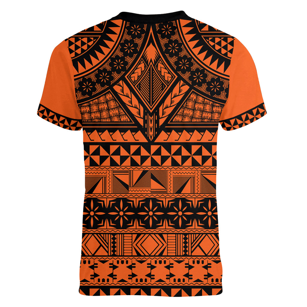 Halo Olaketa Solomon Islands Women V Neck T Shirt Melanesian Tribal Pattern Orange Version LT14 - Polynesian Pride