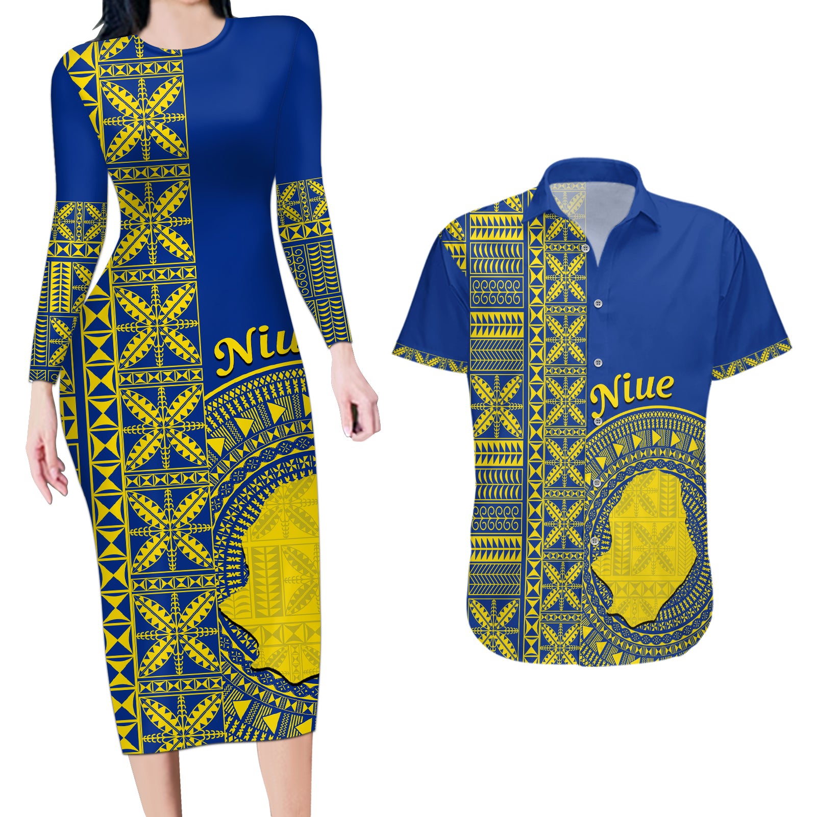 Fakaalofa Lahi Atu Niue Couples Matching Long Sleeve Bodycon Dress and Hawaiian Shirt Niuean Map With Hiapo Pattern Blue Version LT14 Blue - Polynesian Pride