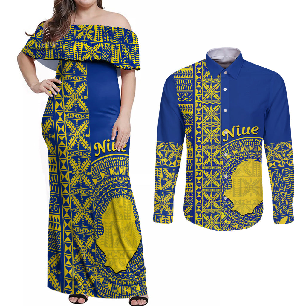 Fakaalofa Lahi Atu Niue Couples Matching Off Shoulder Maxi Dress and Long Sleeve Button Shirt Niuean Map With Hiapo Pattern Blue Version LT14 Blue - Polynesian Pride