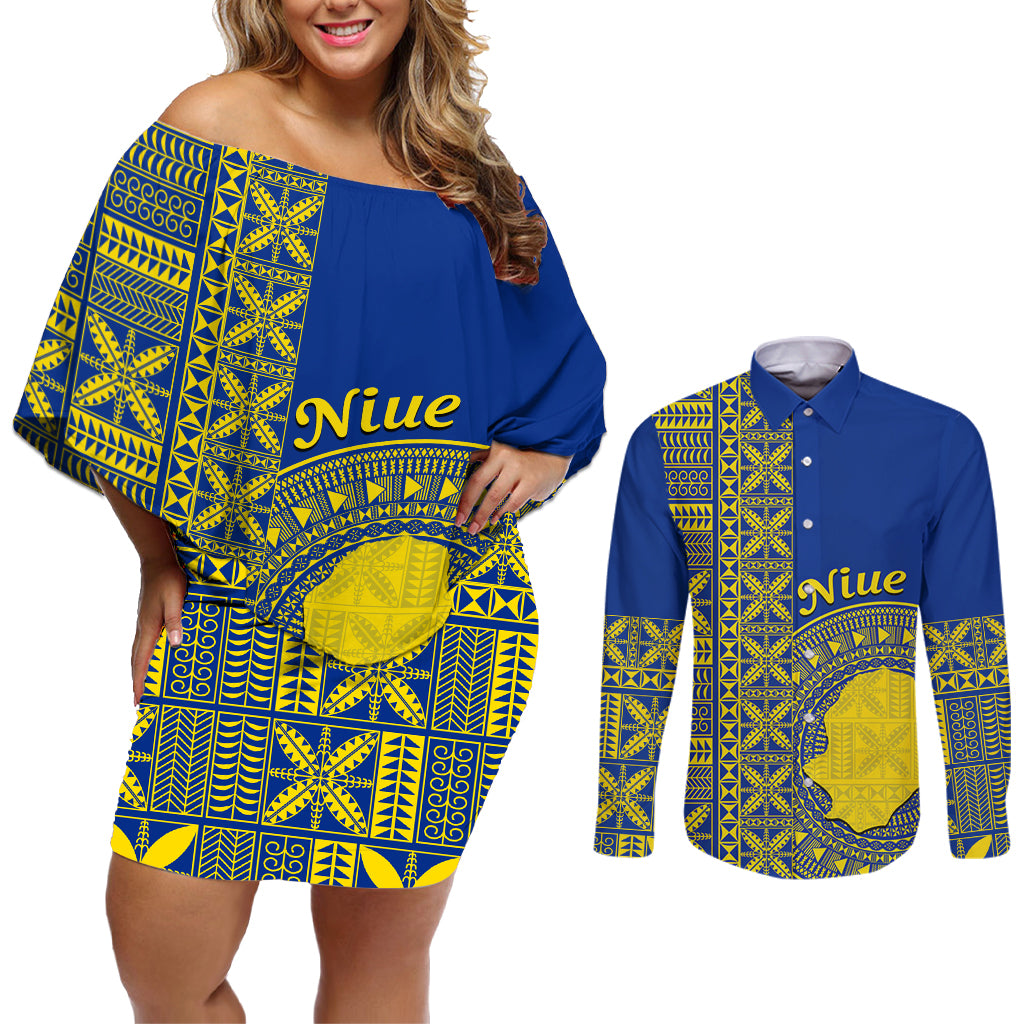 Fakaalofa Lahi Atu Niue Couples Matching Off Shoulder Short Dress and Long Sleeve Button Shirt Niuean Map With Hiapo Pattern Blue Version LT14 Blue - Polynesian Pride