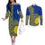 Fakaalofa Lahi Atu Niue Couples Matching Off The Shoulder Long Sleeve Dress and Long Sleeve Button Shirt Niuean Map With Hiapo Pattern Blue Version LT14 Blue - Polynesian Pride