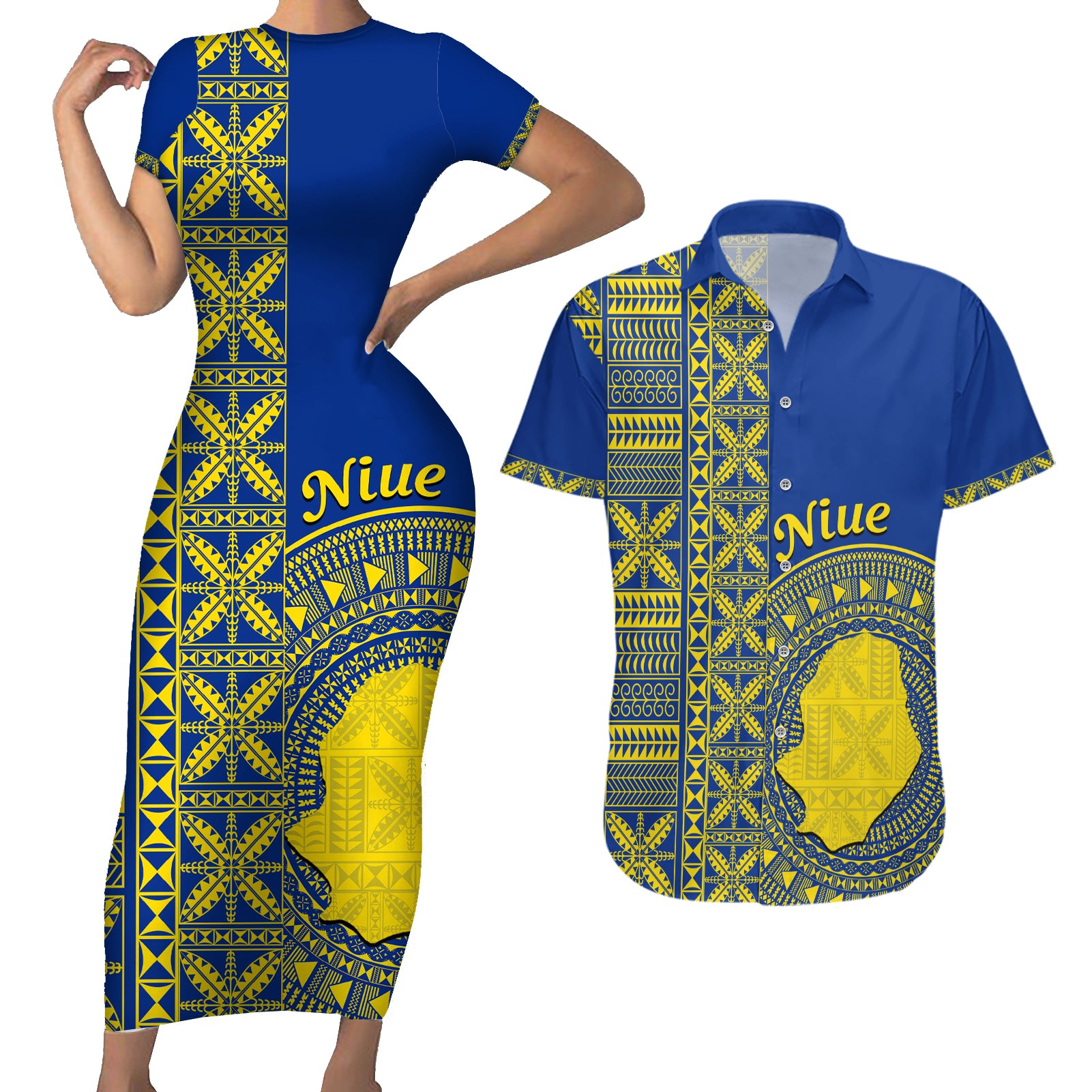 Fakaalofa Lahi Atu Niue Couples Matching Short Sleeve Bodycon Dress and Hawaiian Shirt Niuean Map With Hiapo Pattern Blue Version LT14 Blue - Polynesian Pride