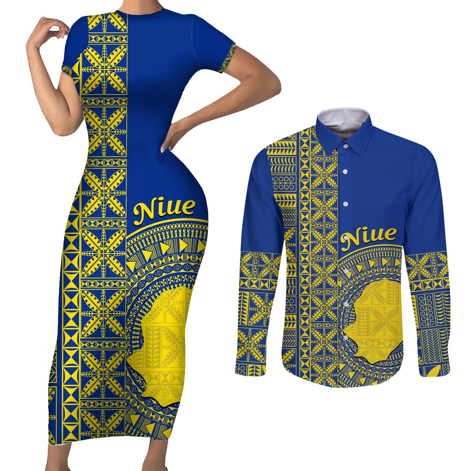 Fakaalofa Lahi Atu Niue Couples Matching Short Sleeve Bodycon Dress and Long Sleeve Button Shirt Niuean Map With Hiapo Pattern Blue Version LT14 Blue - Polynesian Pride